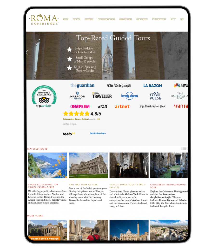 Roma Experience website design on iPad