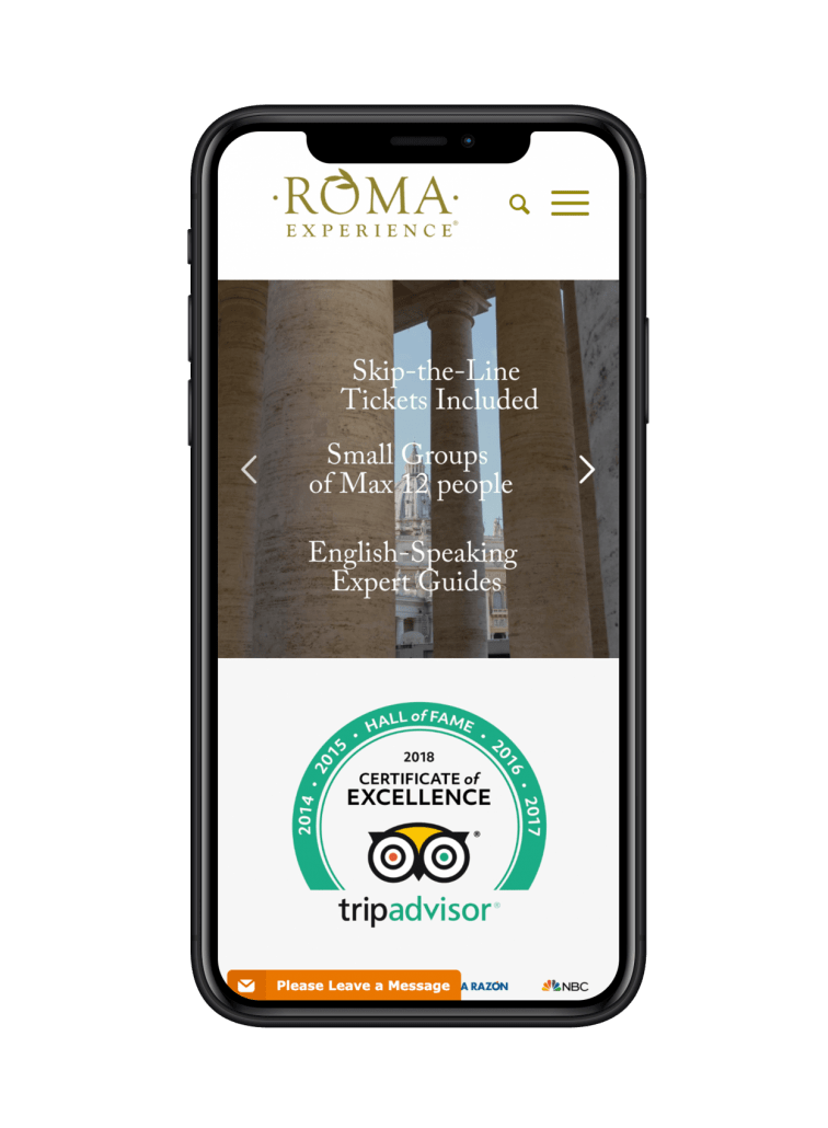 Roma Experience Website design on iPhone