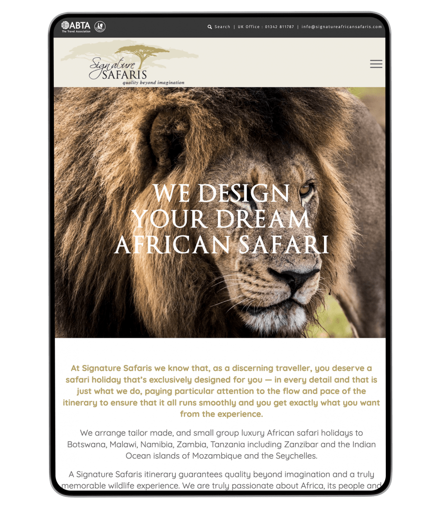 Signature Safaris website design on iPad